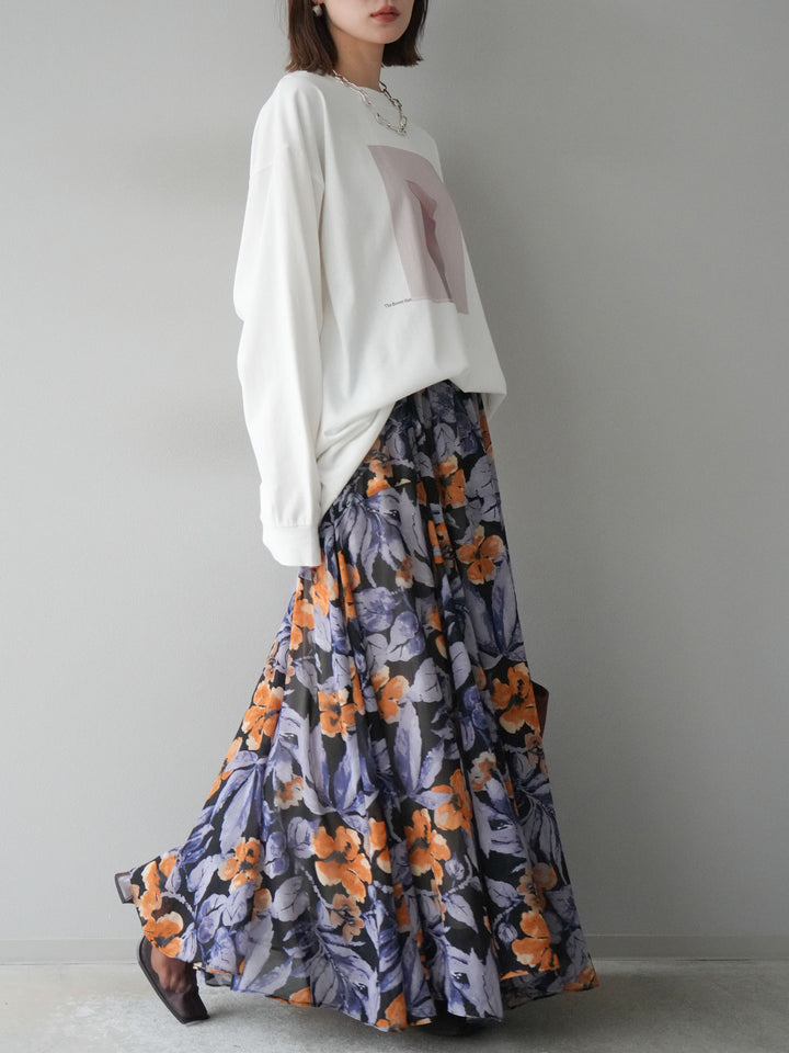 [予約]フラワープリントボリュームフレアスカート/ブラック