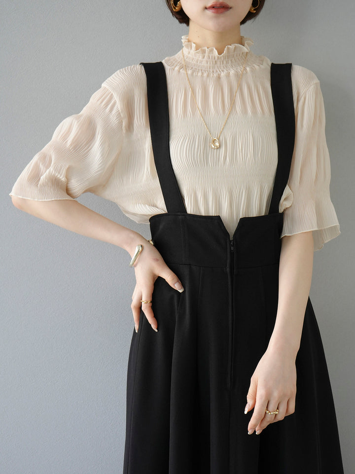 [SET] Shirring chiffon half sleeve blouse + 2WAY flare jumper skirt (2set)