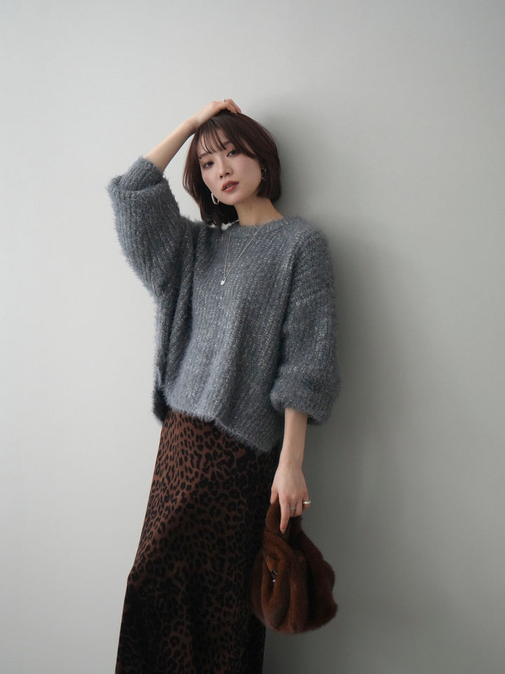 [SET]ボリュームスリーブシャギー MIXニットプルオーバー+レオパードベロアナロースカート(2set)