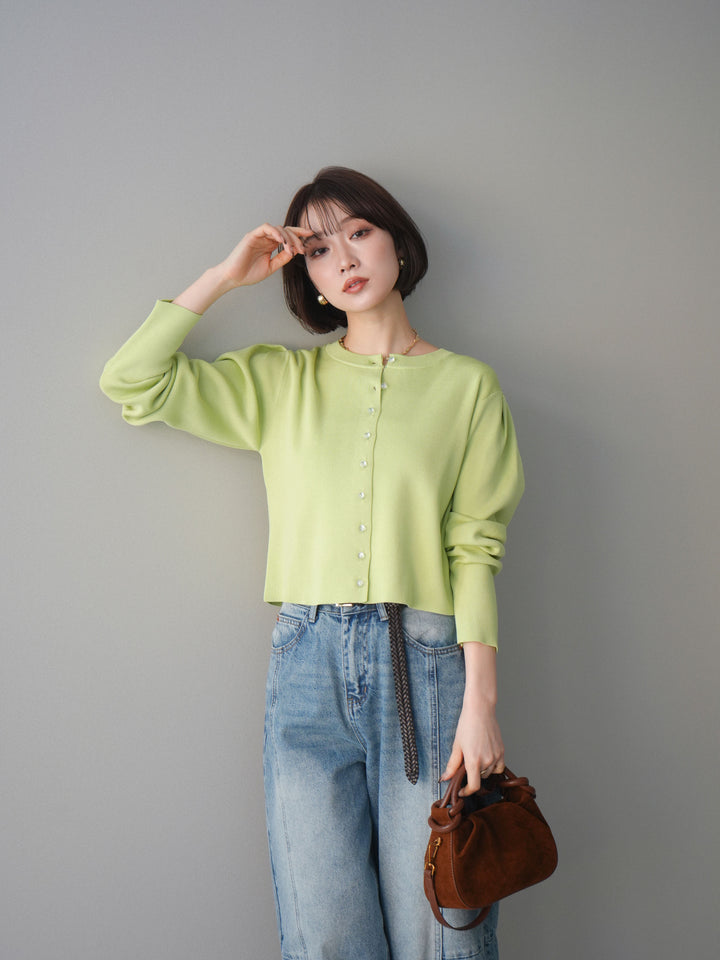 [予約]クリアボタンタックニットカーディガン/lime