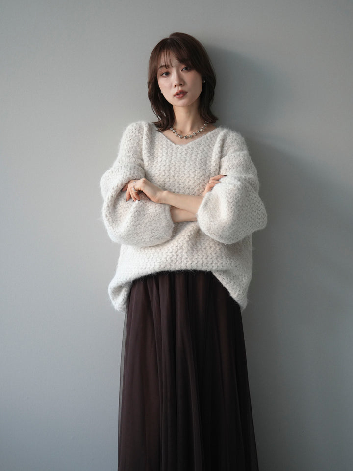 [予約]ウールタッチラメミックスヤーンVネックニットプルオーバー/ivory