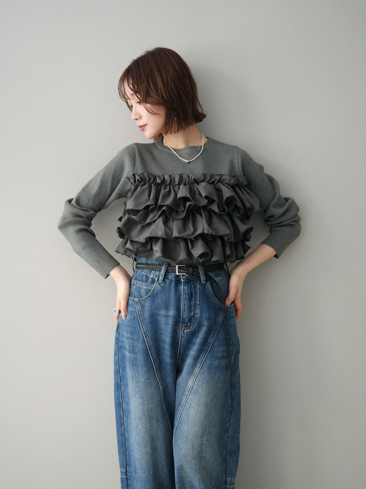 [予約]フリルビスチェドッキングスポンジニットプルオーバー/gray