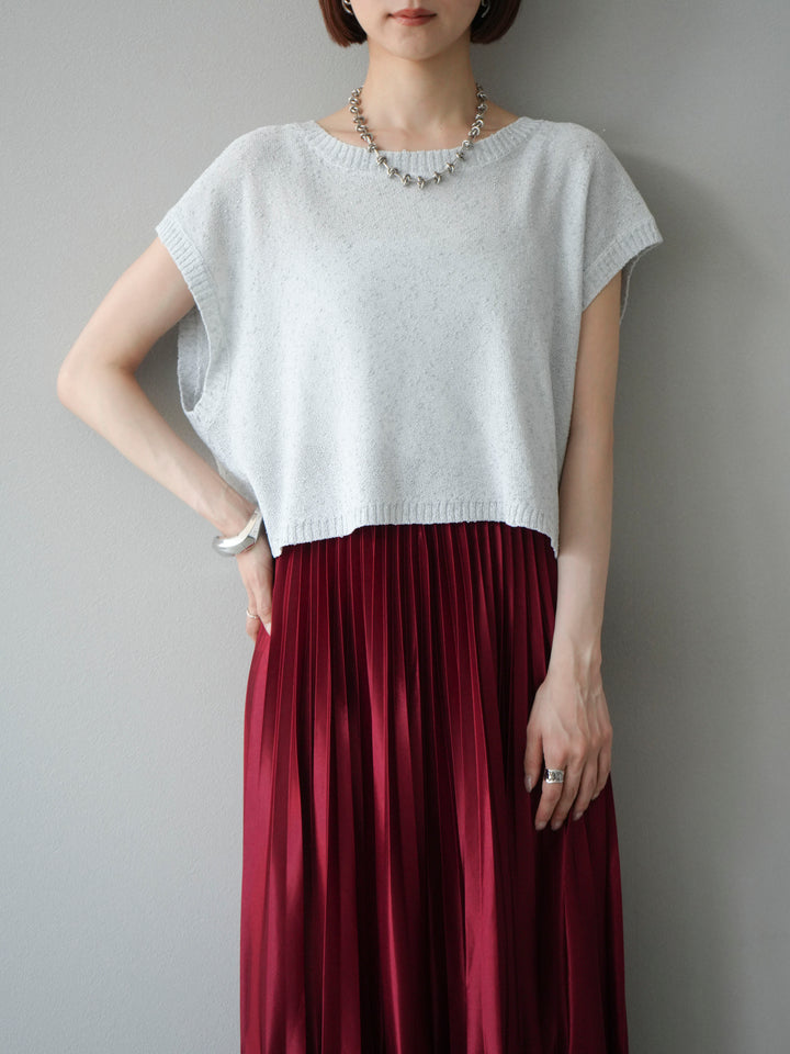 [SET]ネップヤーンクロップドニットベスト+サテンプリーツマキシスカート(2set)