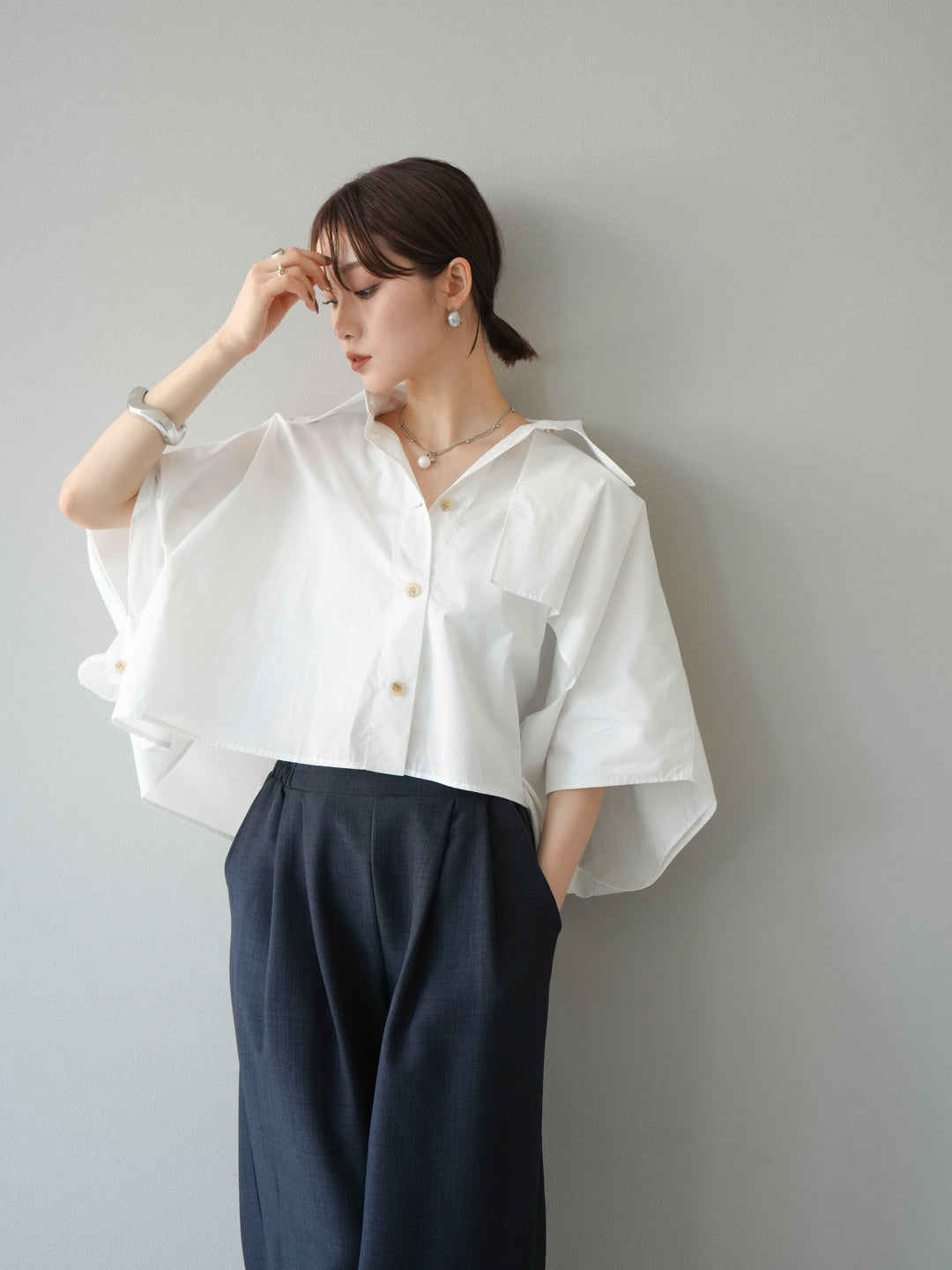 [SET]ポンチョショートシャツ+リネンライクイージーワイドパンツ(2set)