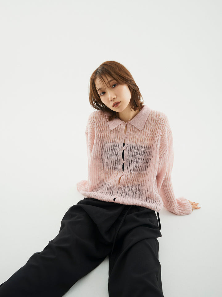 【Allure】[SET]起毛片畦編みシアーポロニット+ラップデザインタックワイドパンツ(2set)