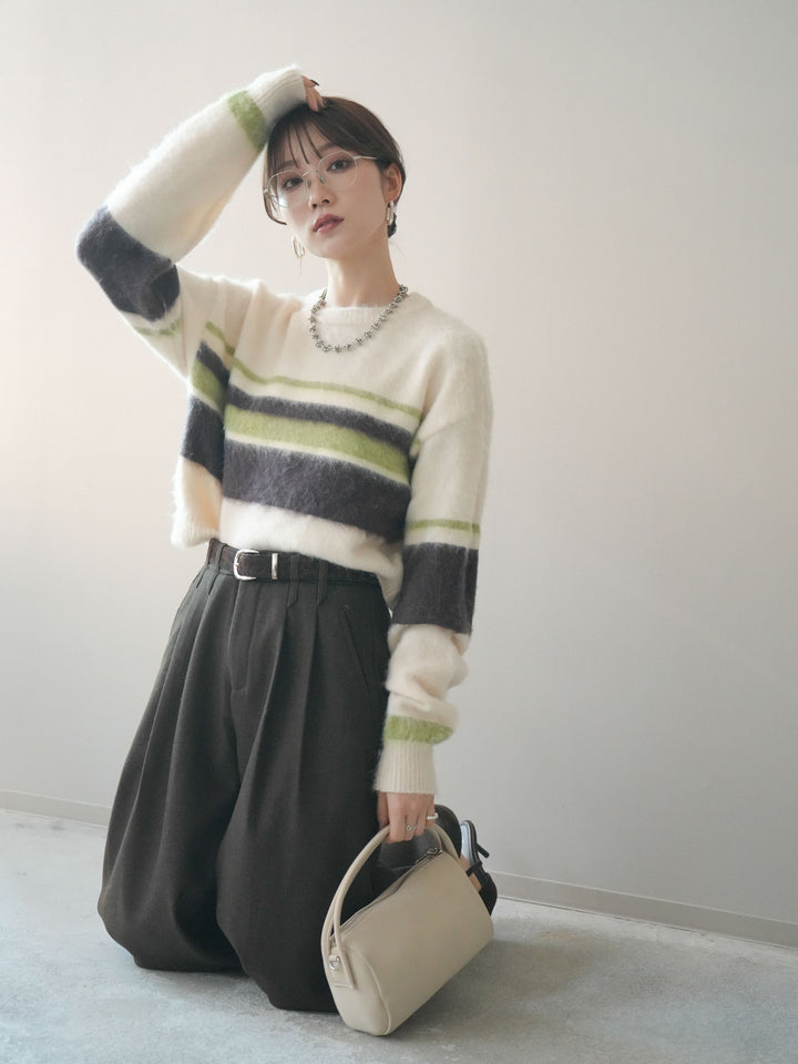 [SET]ソフトタッチボーダークロップドニットプルオーバー+選べるアクセセット(2set)