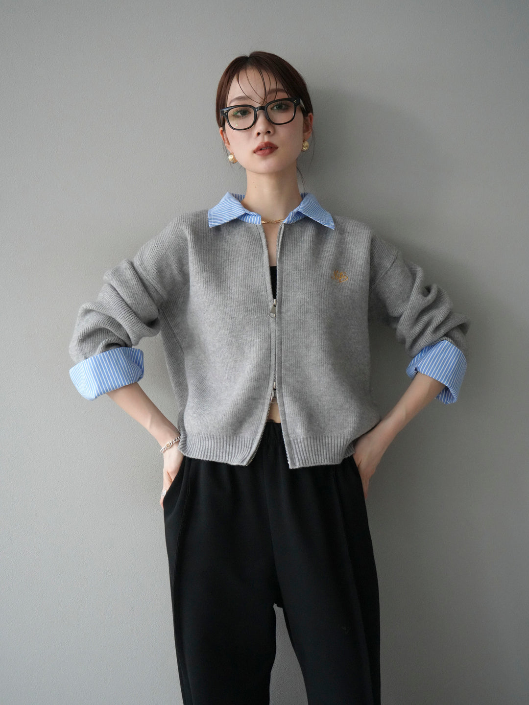 [SET]ストライプシャツレイヤードZIPニットカーディガン+2WAYデザインスウェットパンツ(2set)