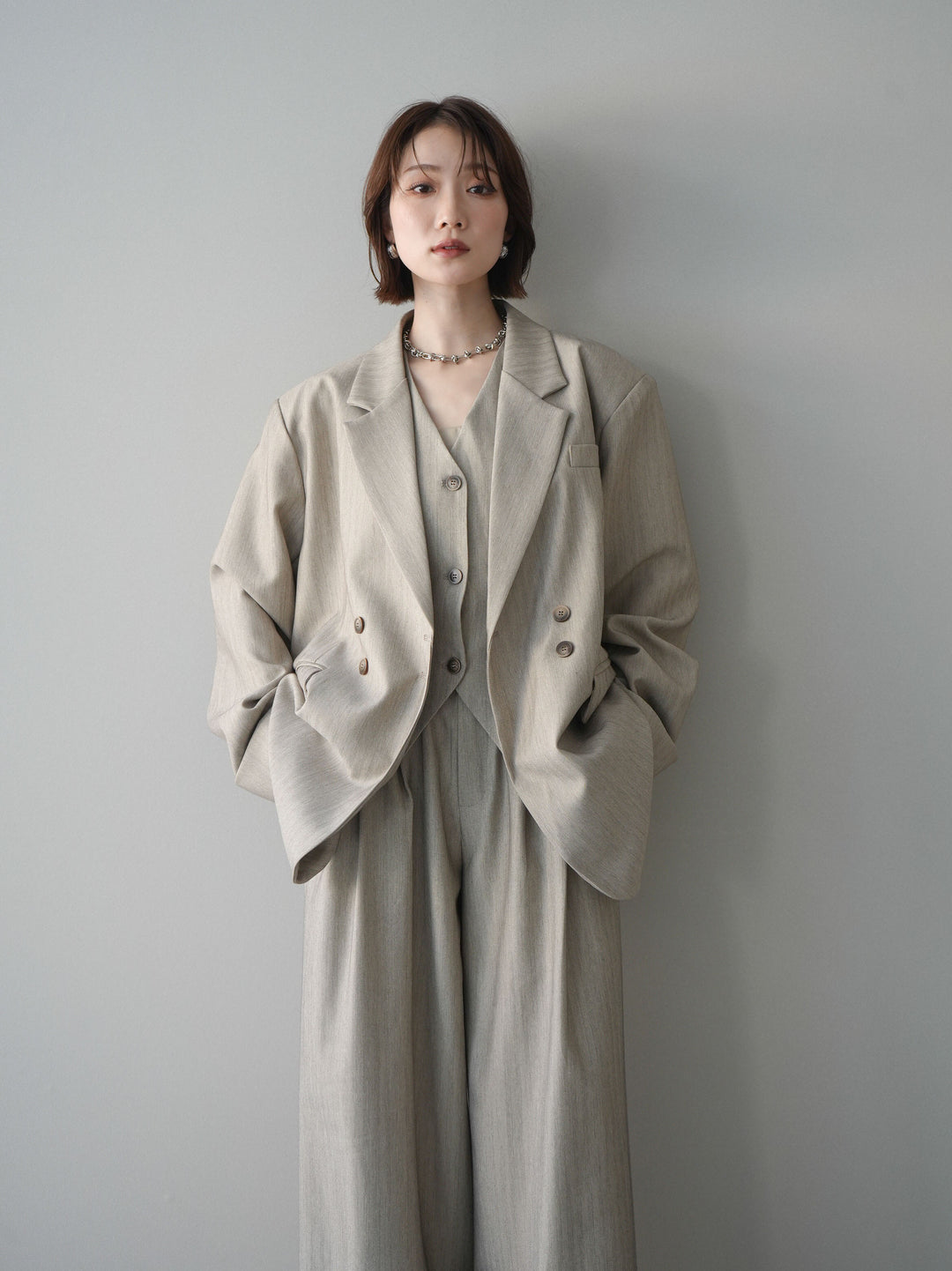 [予約]ダブルボタンヘリンボーンジャケット/beige