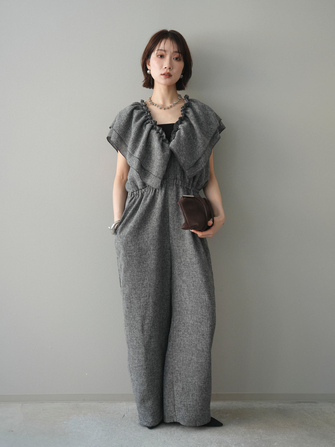 [SET]3WAYミックスツイードギャザーオールインワン+選べるアクセセット(2set)