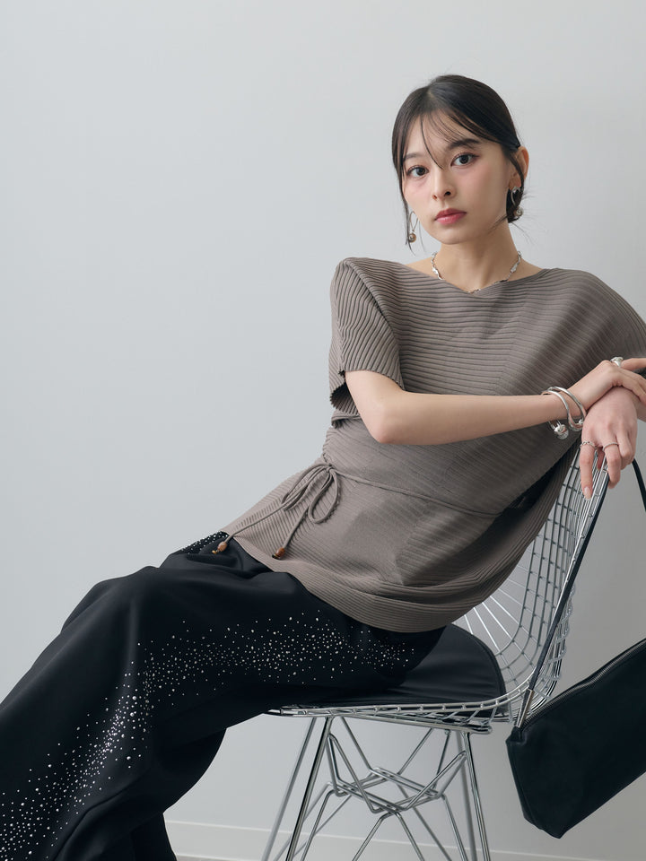 [SET]アシメデザインリブニットトップス+ポーチベルト付サイドビジュータックワイドパンツ(2set)