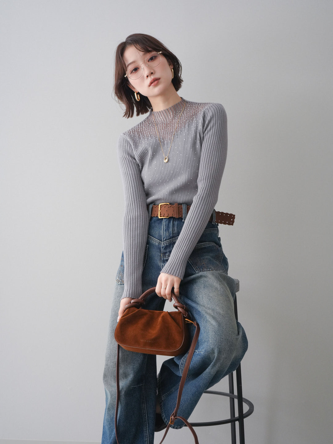 [予約]シアー切替スパンコールリブニットトップス/gray