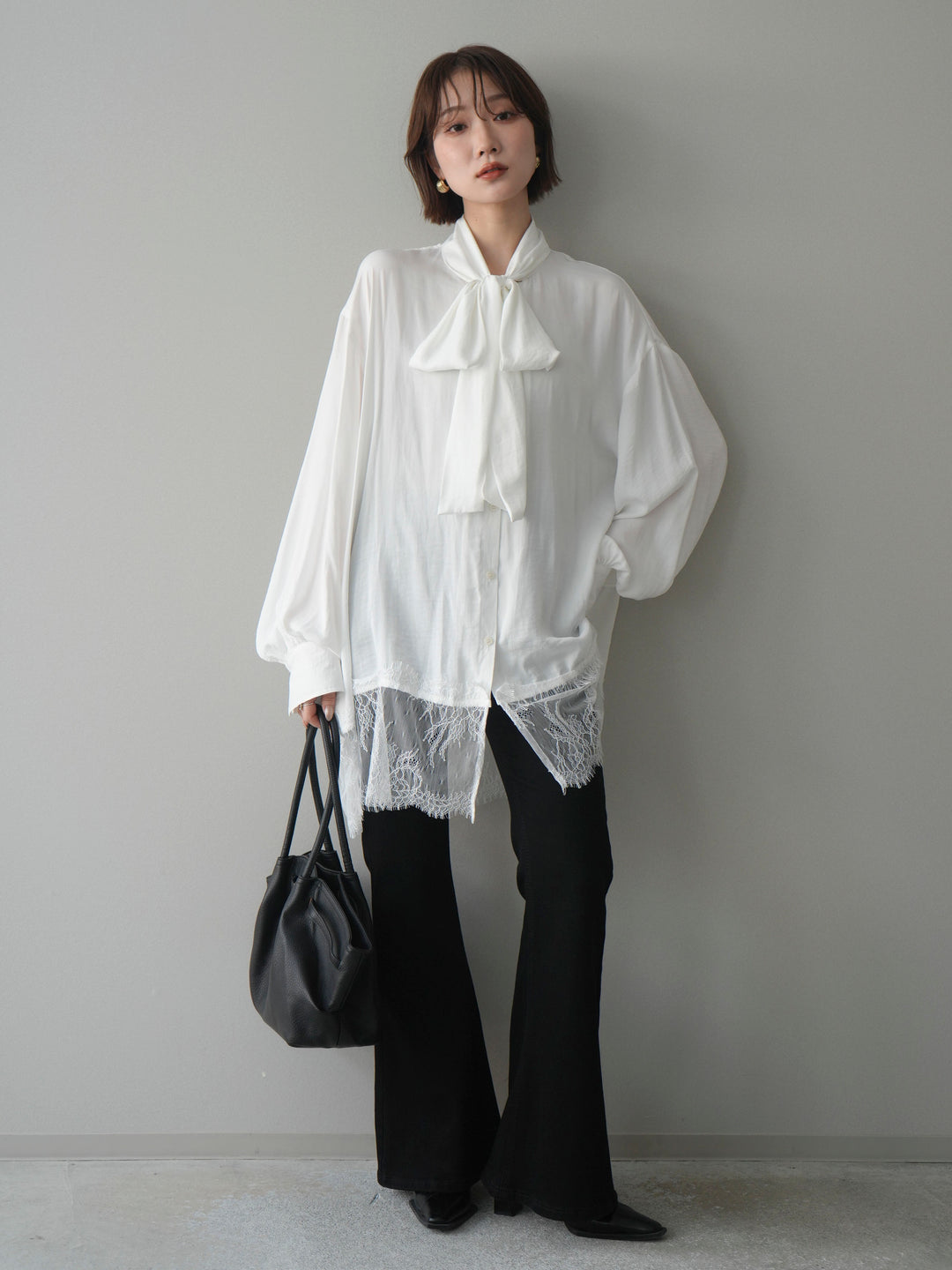 [予約]レースヘムボウタイブラウス/white