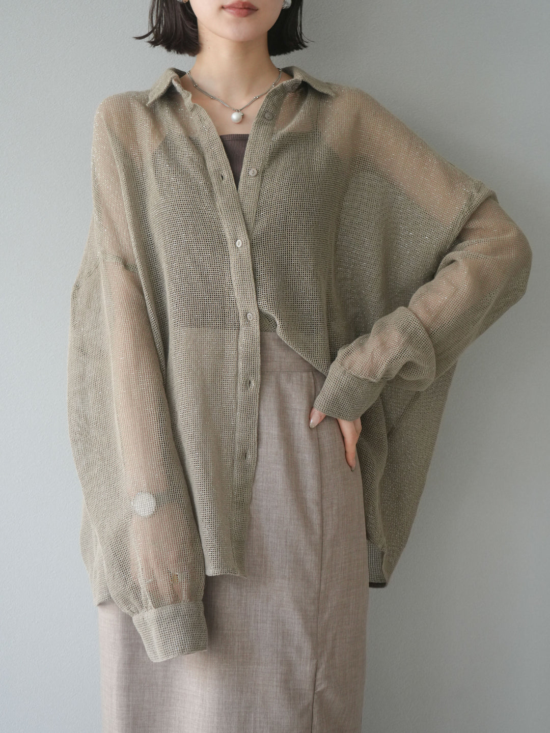 [予約]コットンラメメッシュオーバーシャツ/ベージュ