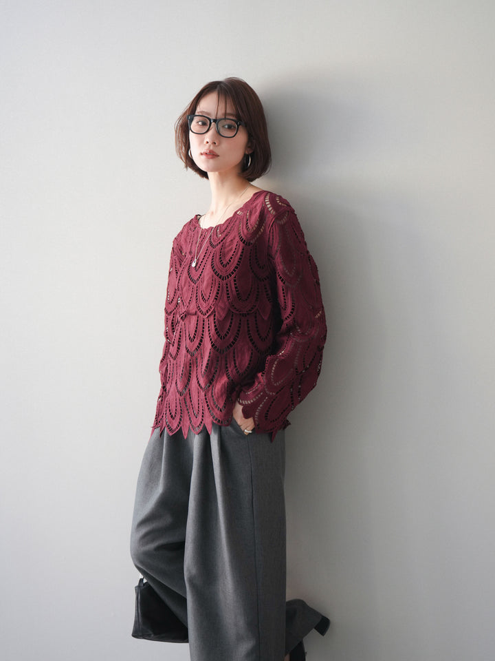 [予約]透かしコードレースブラウス/bordeaux