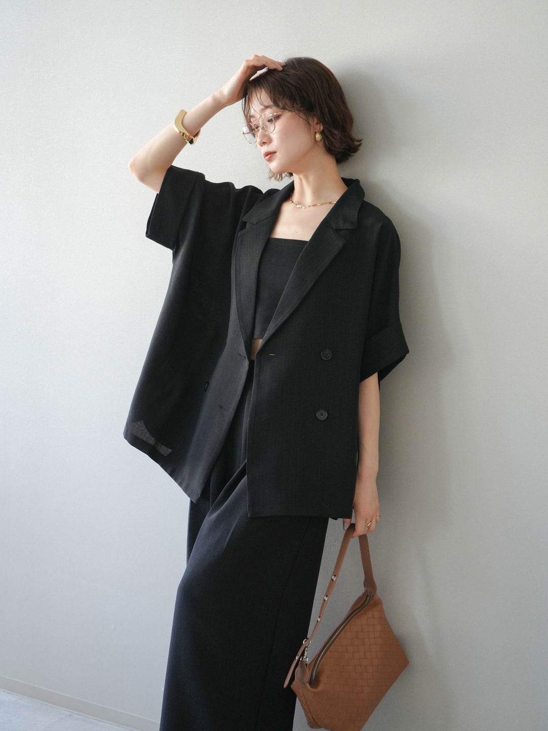 【套裝】亞麻質感半雙層外套+亞麻質感束口寬腿褲（兩件套）