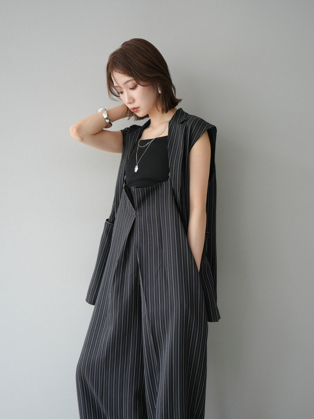 [SET]ヘリンボーンストライプジレ+ヘリンボーンストライプサロペット(2set)