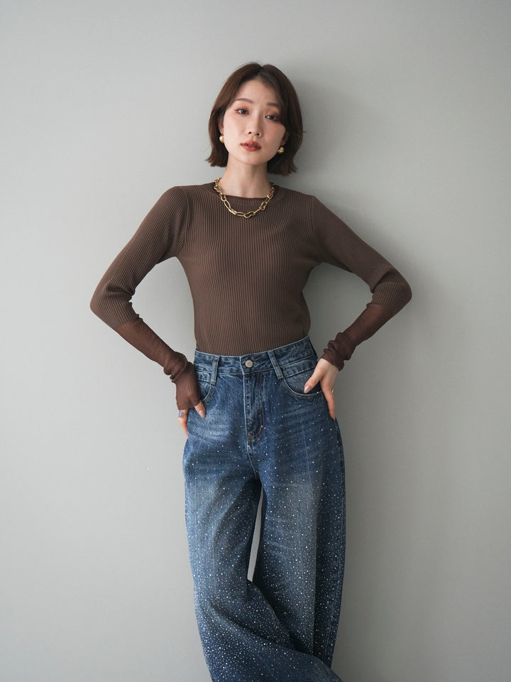 [SET]リブラメシアー切替リブニットトップス+ラインストーンカーブデニムパンツ(2set)