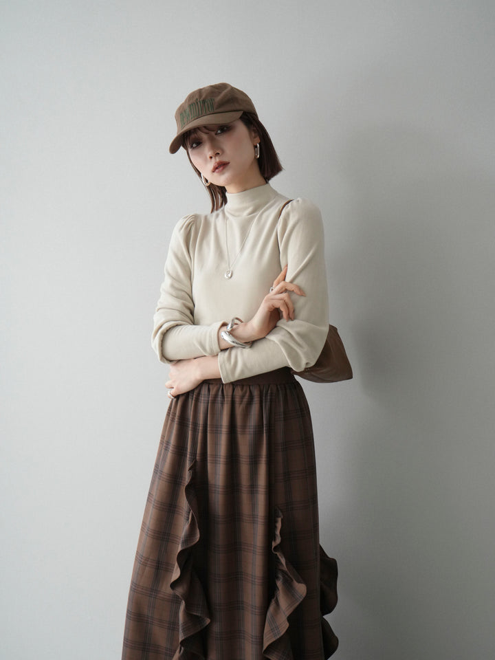 [SET]プチネックパワーショルダー起毛トップス+チェック柄フリルハイウエストマキシスカート(2set)