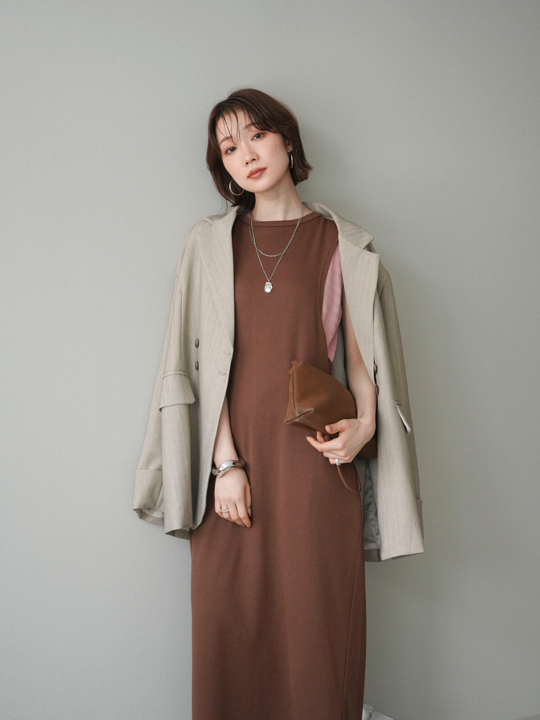[予約]バイカラーレイヤードノースリーブワンピース/brown
