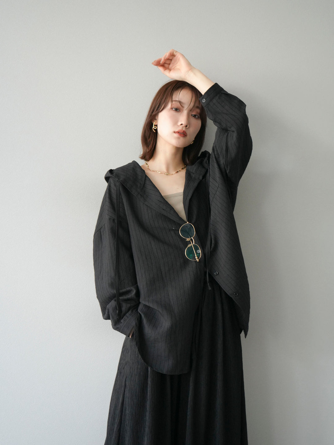 [予約]ワッシャーストライプフーディーシャツ/ブラック