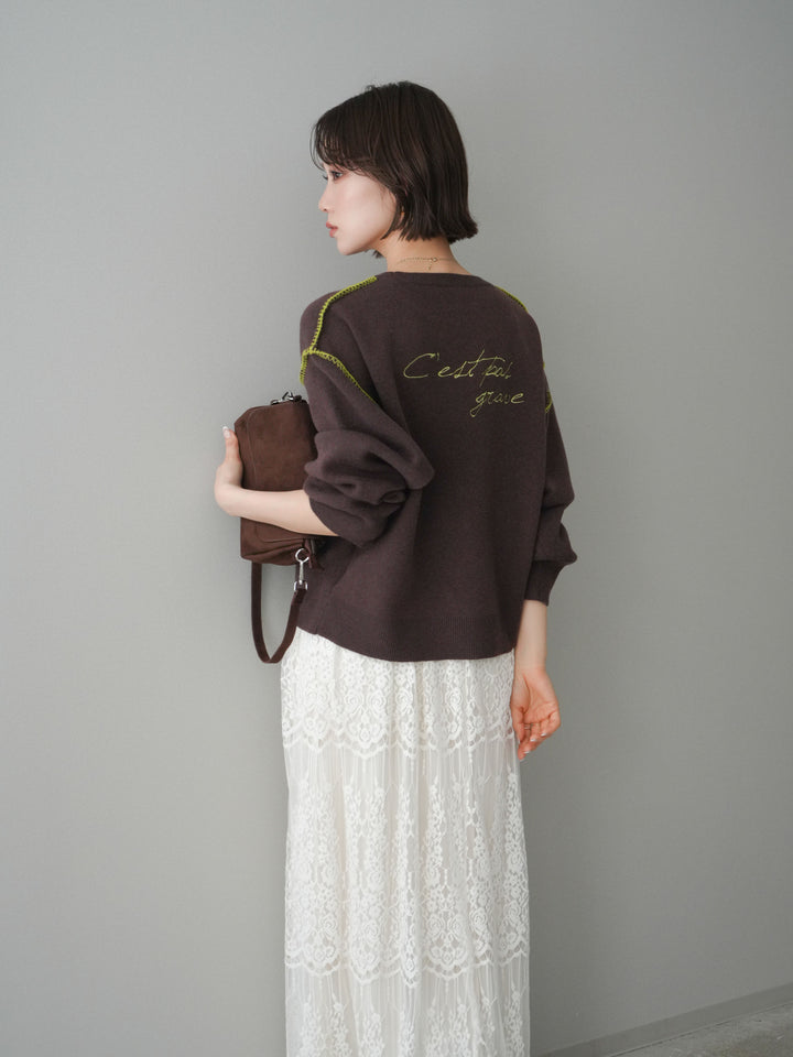 [SET]バックロゴ刺繍配色ステッチニットプルオーバー+選べるアクセセット(2set)