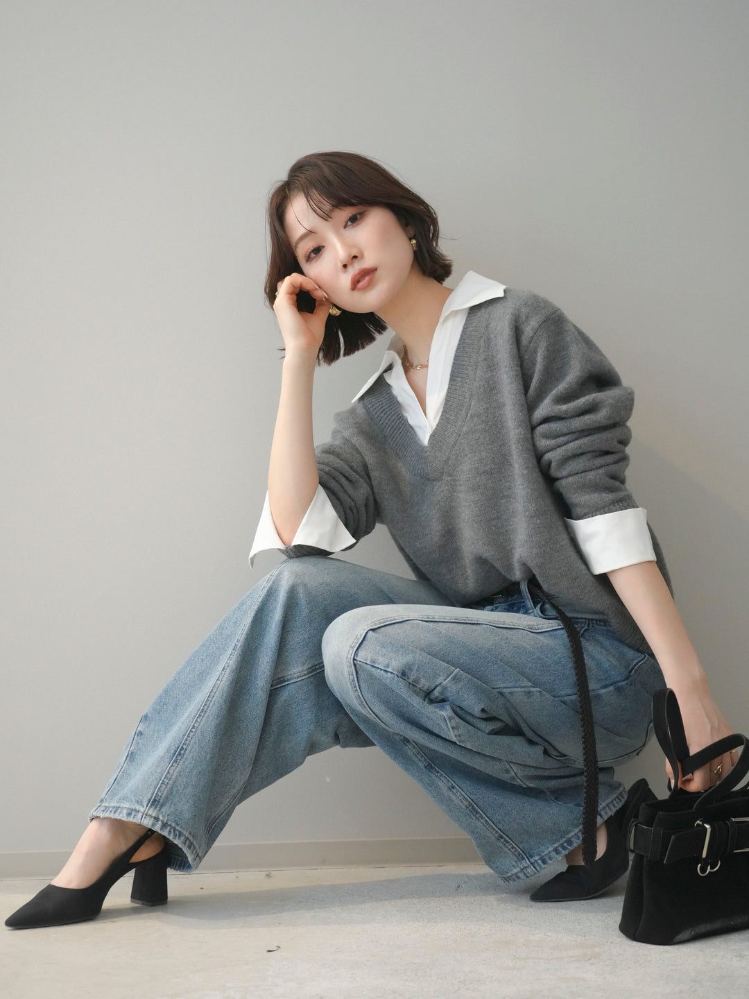 [予約]シャツドッキングVネックニットトップス/gray