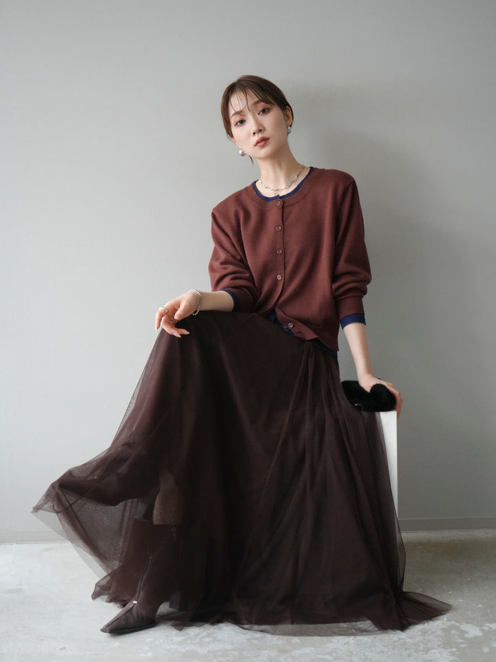 [SET]配色レイヤードカーディガン+チュールボリュームスカート(2set)