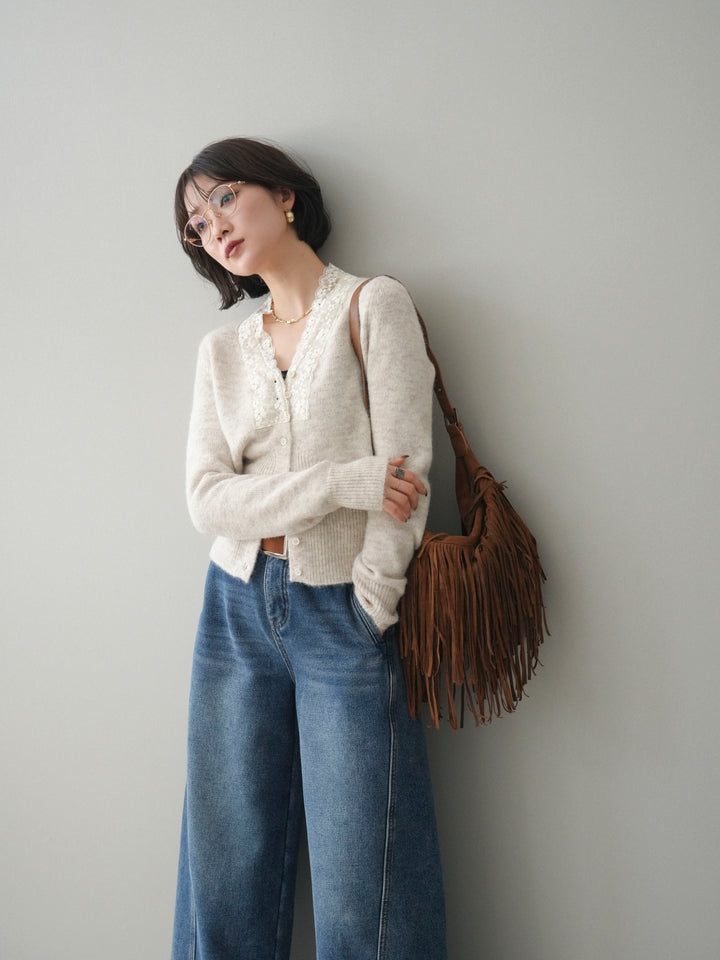 [SET]レースネックコンパクトニットカーディガン+選べるアクセセット(2set)