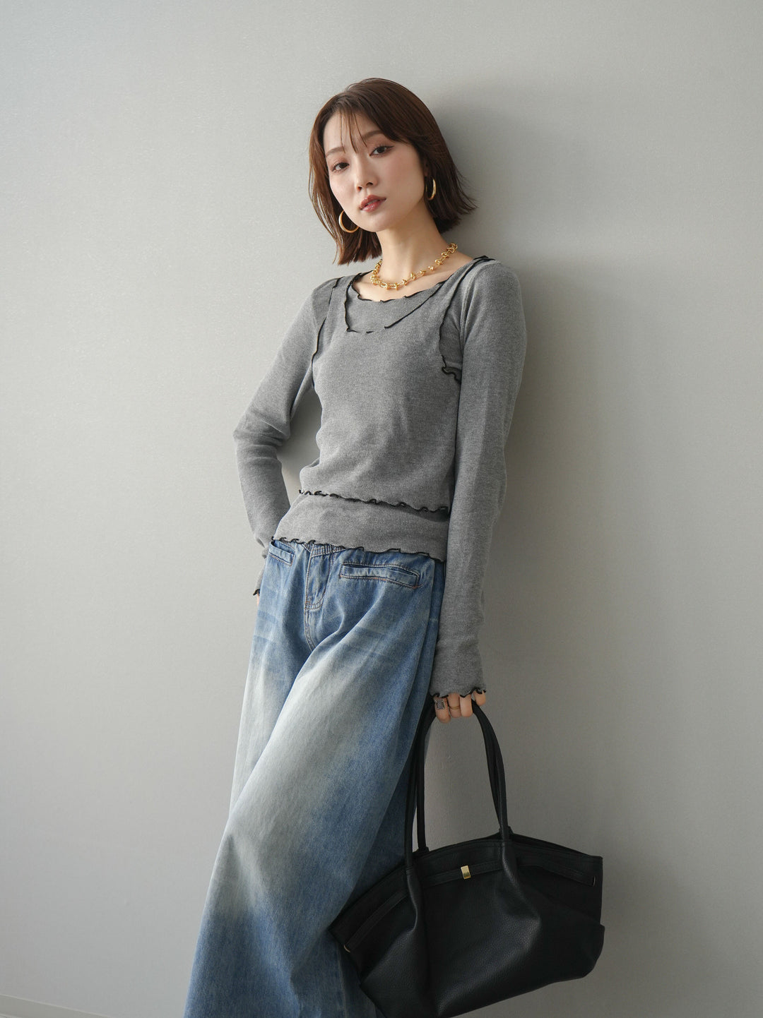 [予約]バイカラーメローアンサンブルシアーニットトップス/gray