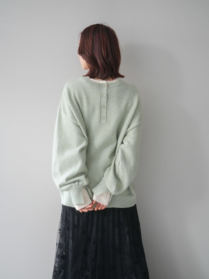 [SET]ヘンリーネック配色レイヤードニットプルオーバー+フラワーフロッキーチュールプリーツスカート(2set)