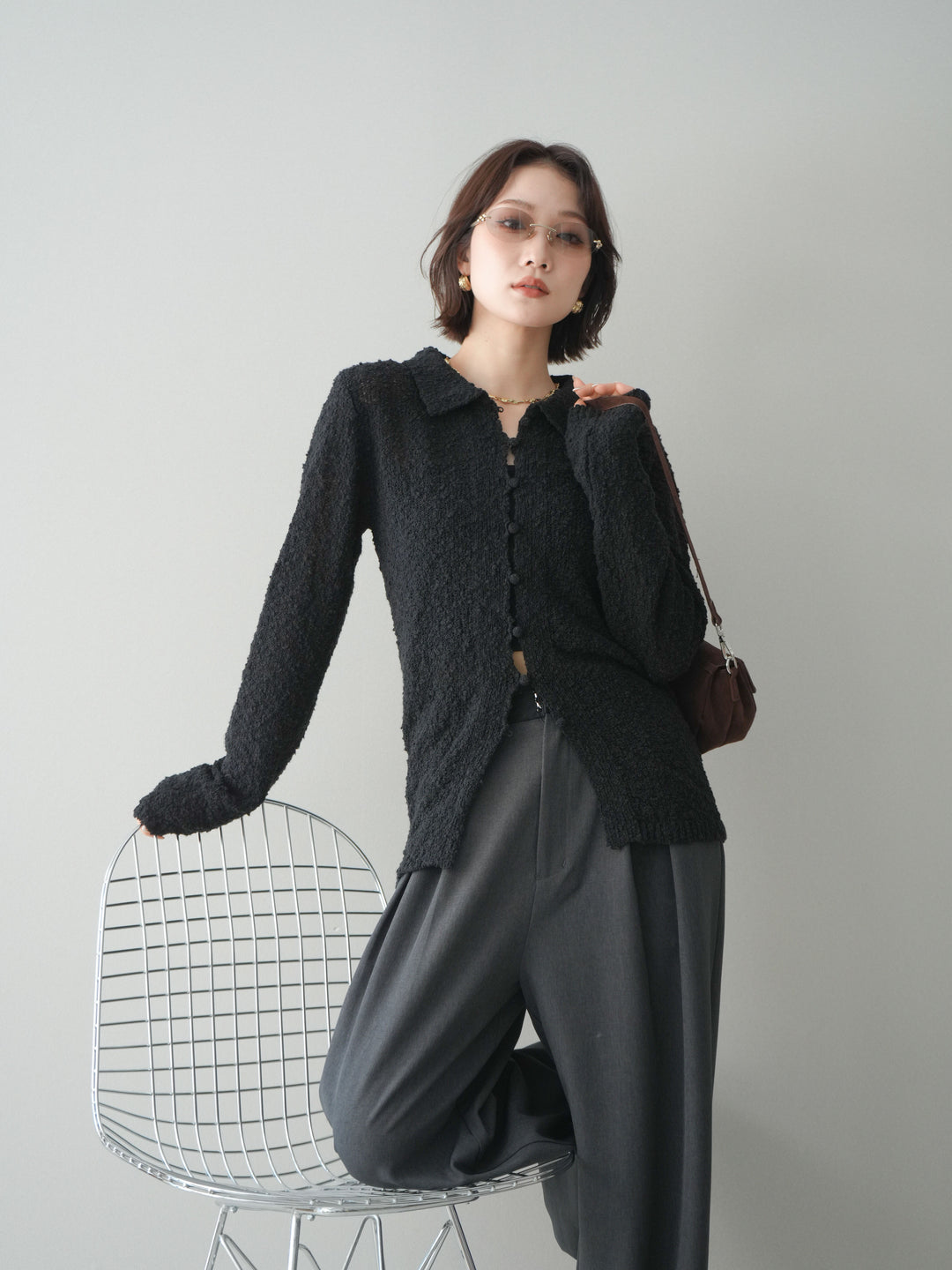 [予約]透かし編みブークレポロニットトップス/black