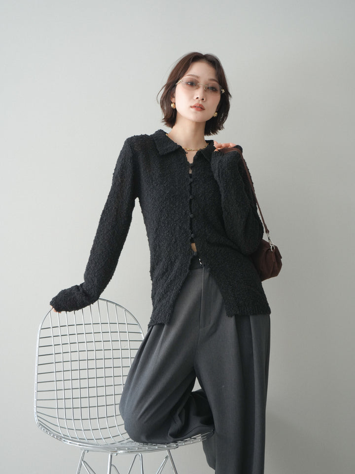 [予約]透かし編みブークレポロニットトップス/black