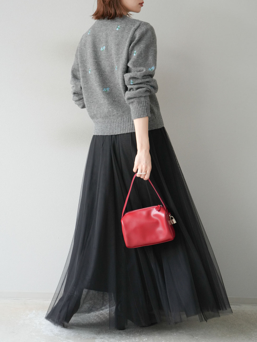 [SET]フラワー刺繍ニットカーディガン+チュールボリュームスカート(2set)