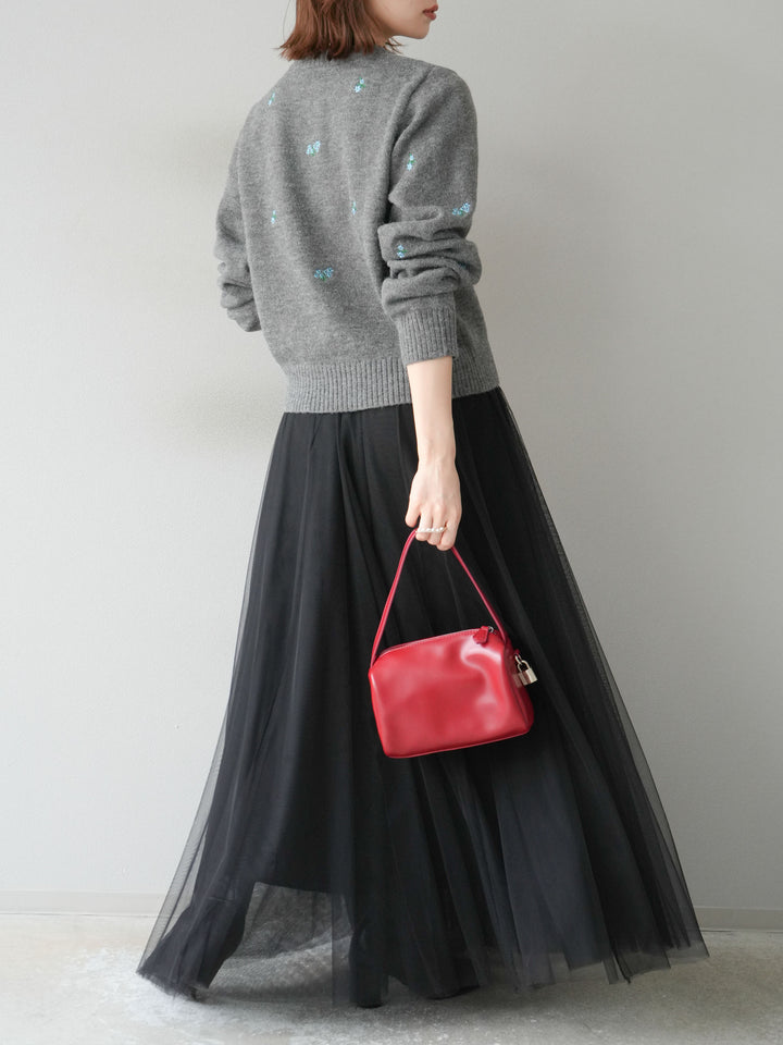 [SET]フラワー刺繍ニットカーディガン+チュールボリュームスカート(2set)
