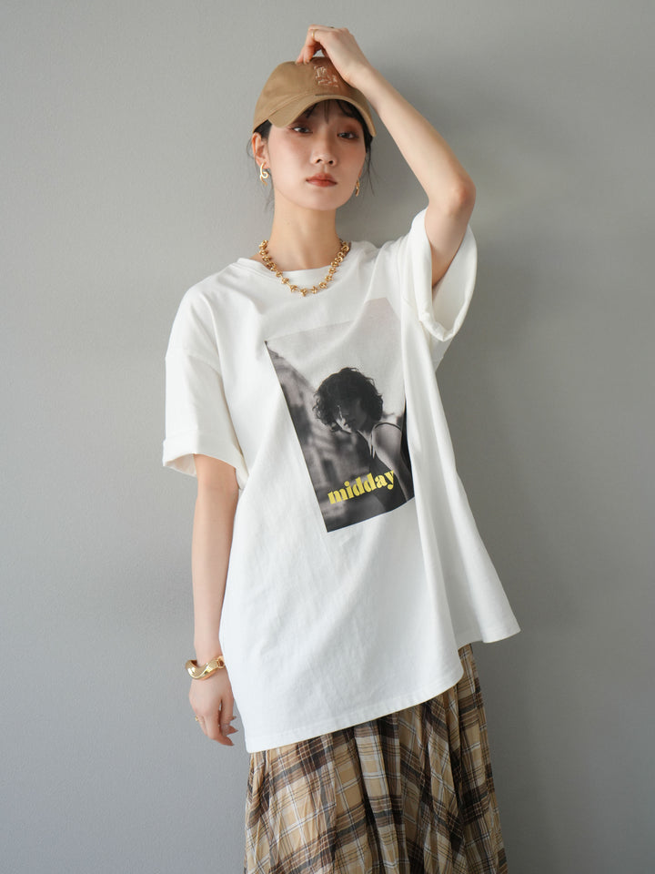 [SET]ネオンロゴフォトプリントBIG Tシャツ+シアーチェックアシンメトリーワッシャースカート(2set)