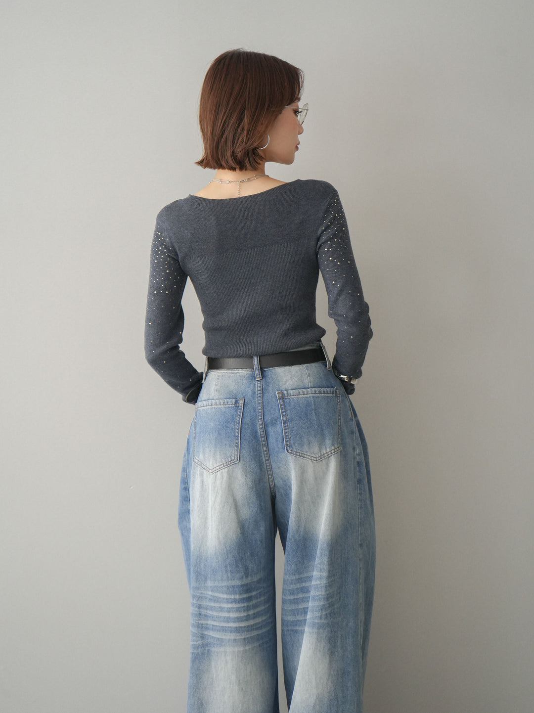 [SET]スパンコールシアーニットトップス+フロントポケットサイドタックワイドデニム(2set)