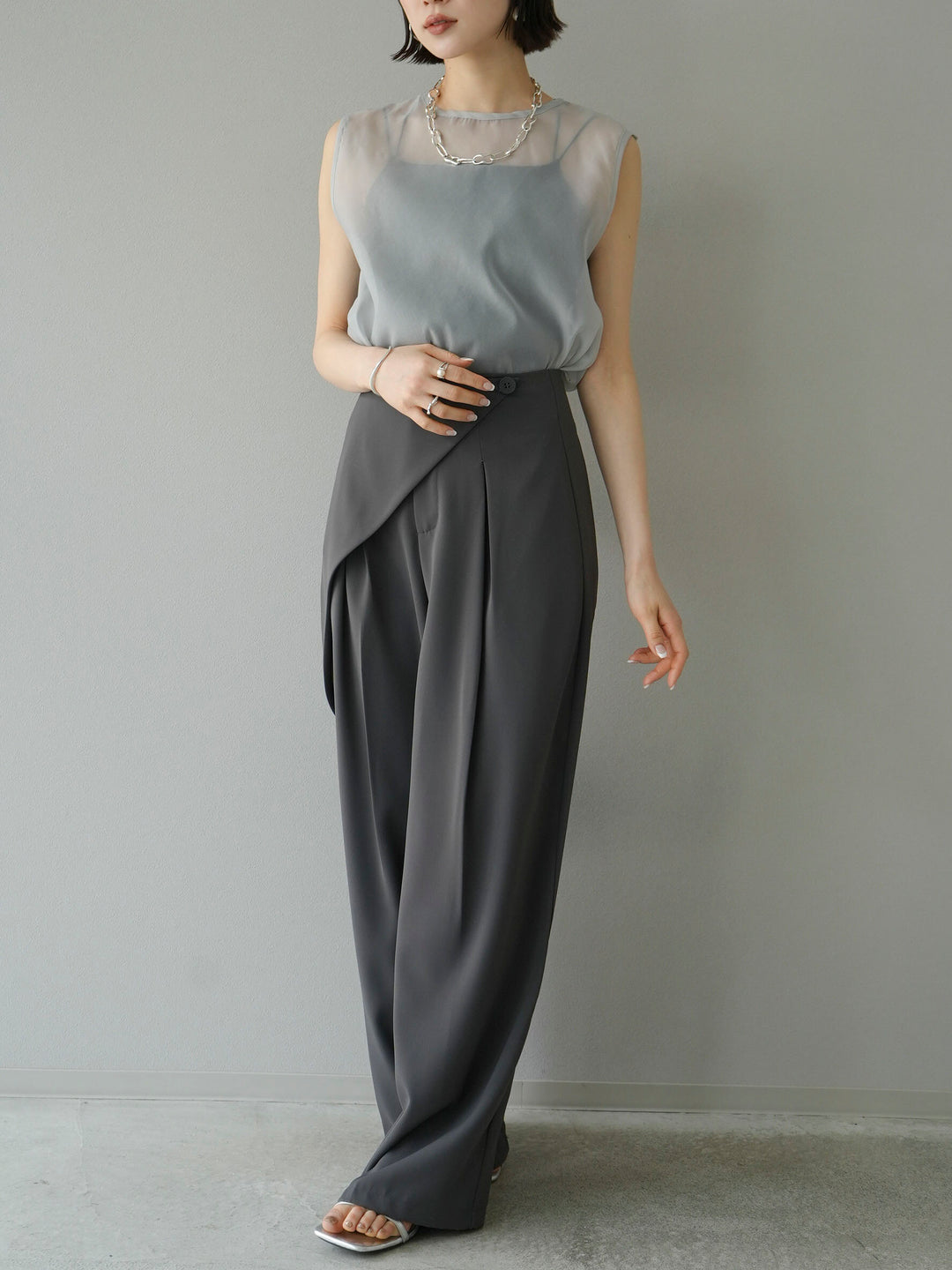 [SET] Organza sleeveless top + wrap wide pants (2set)