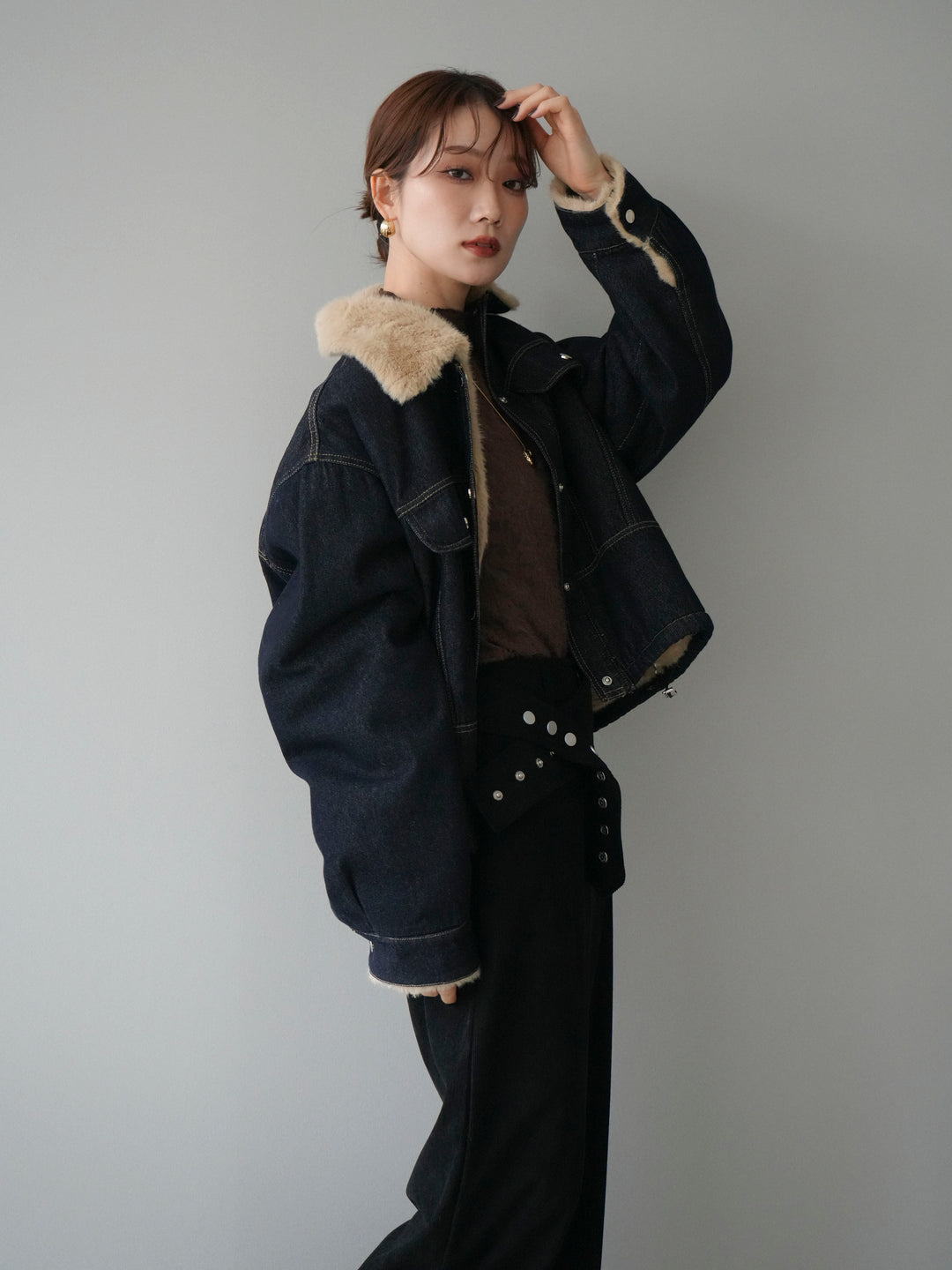 [予約]デニム×ファーステンカラーショートジャケット/indigo