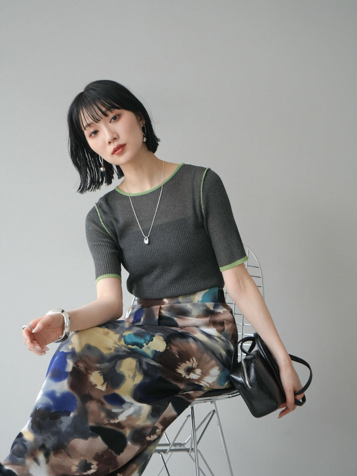 [予約]麻タッチ配色ニットハーフスリーブトップス/チャコール