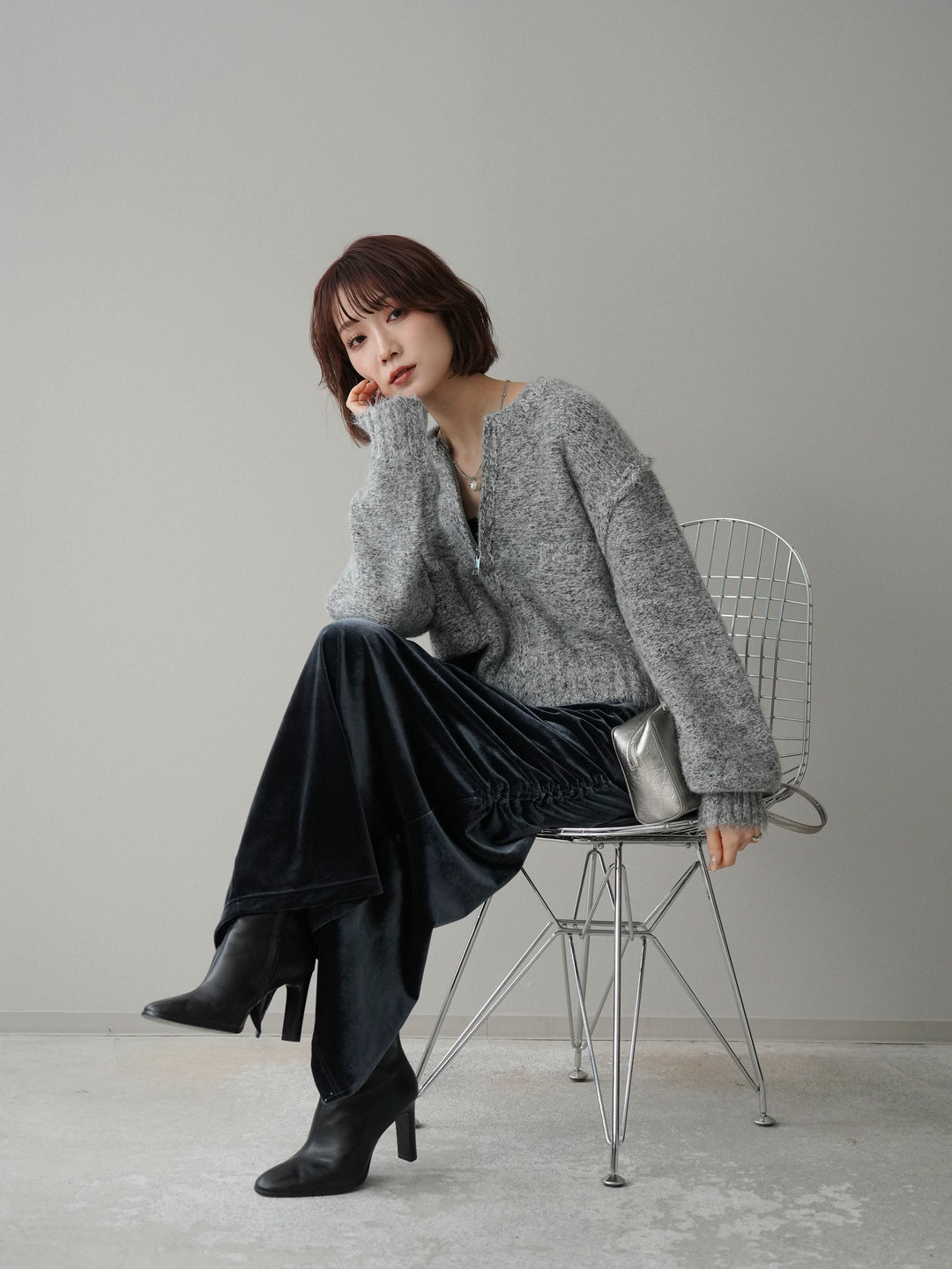 [SET]ミックスヤーンダブルZIPニットカーディガン+ギャザーベロアスカート(2set)