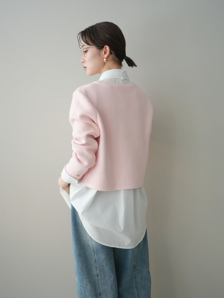 [SET]ゴールドボタンノーカラーニットジャケット+ボウタイ付オーバーシャツ(2set)