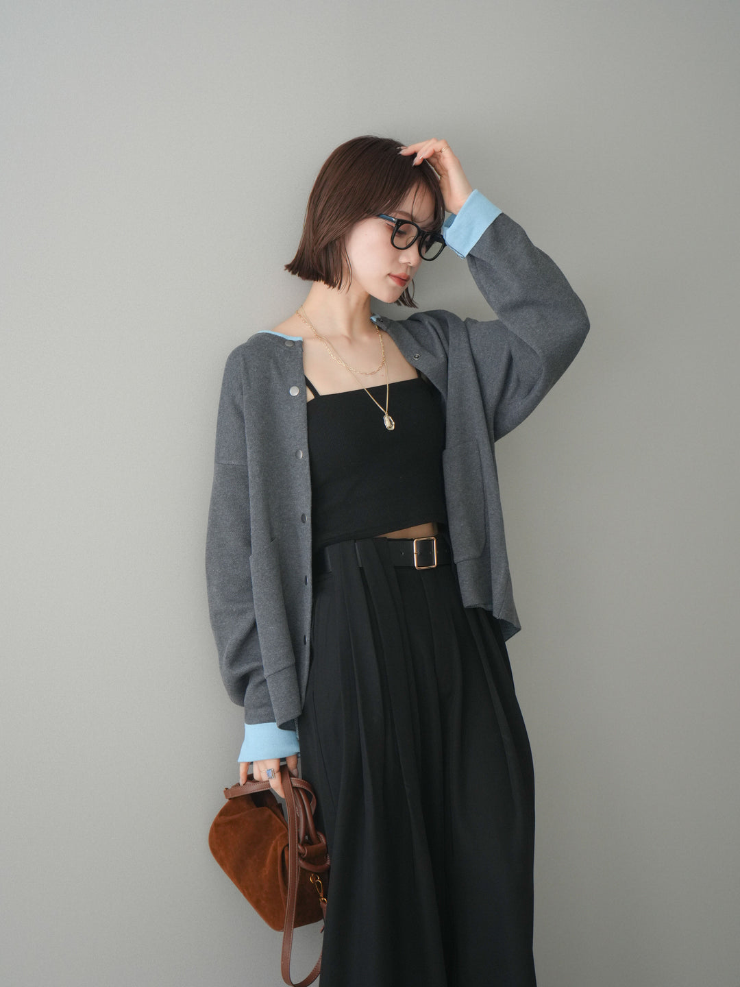 [SET]バイカラーオーバーニットカーディガン+タックベルトループワイドパンツ(2set)