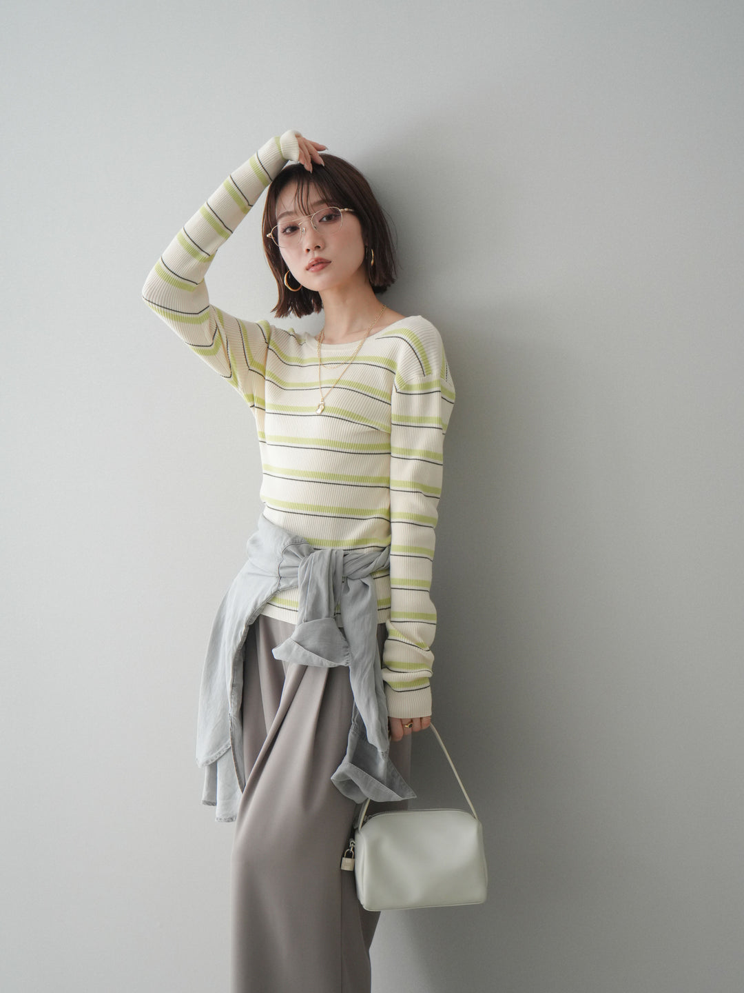 [予約]バックオープンテレコリブマルチボーダートップス/ivory