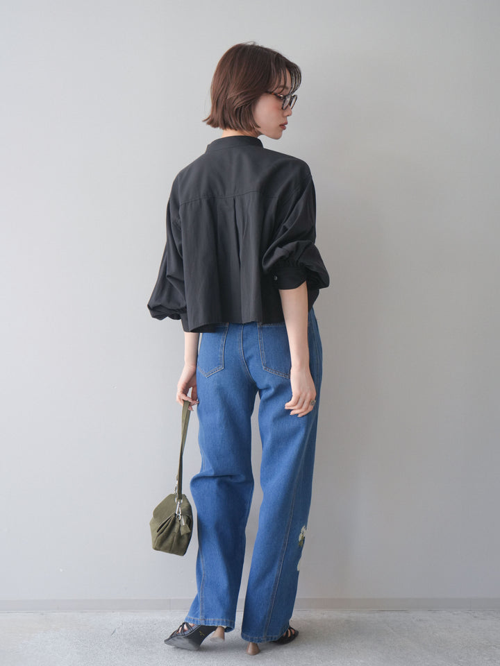 [SET]ラッフルフレアショートブラウス+フラワー刺繍ストレートデニム(2set)