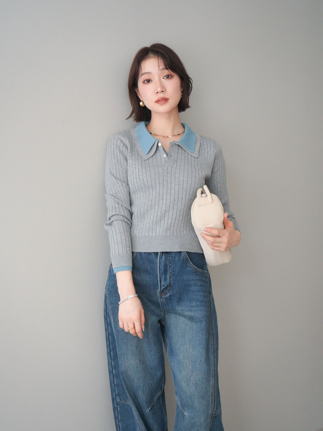 [予約]ダブル襟ポロリブニットトップス/gray