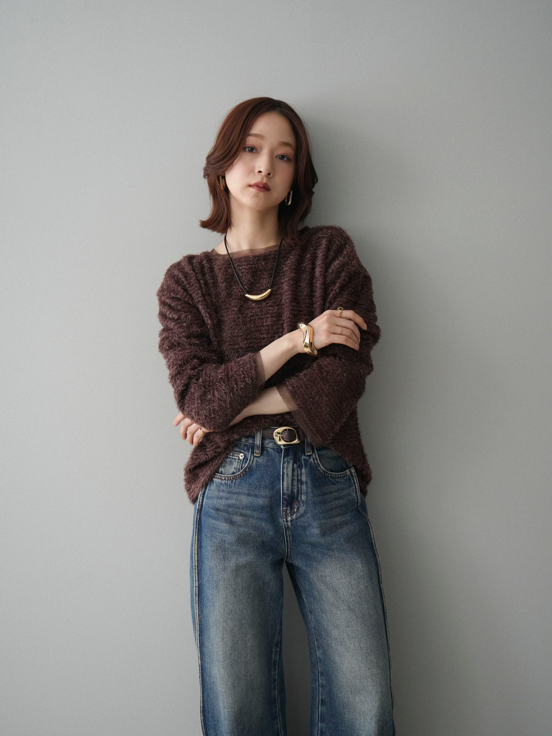 [予約]ラメシャギートップス/brown