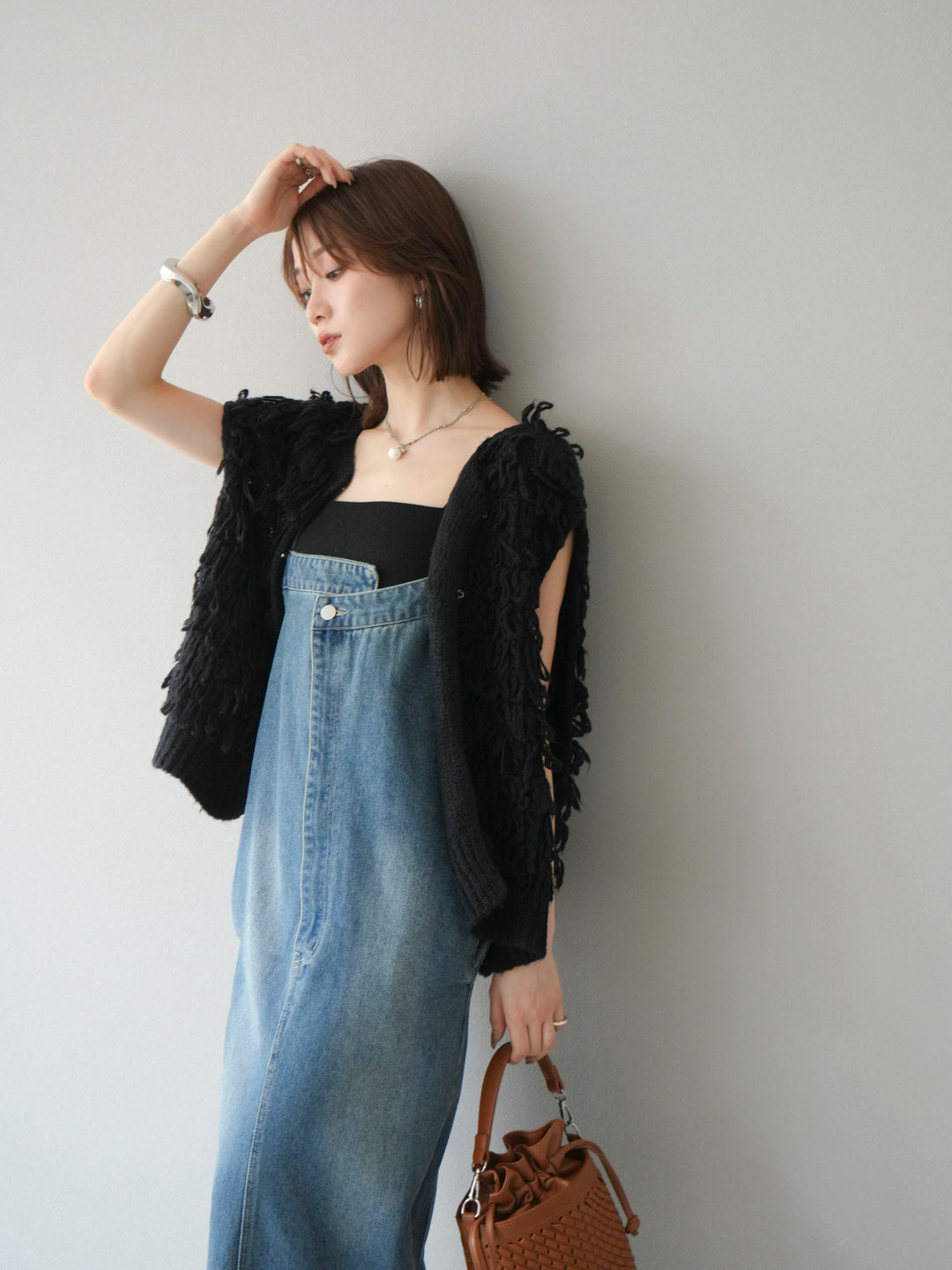 [SET]ループデザインベスト+アシンメトリーデニムワンピース(2set)