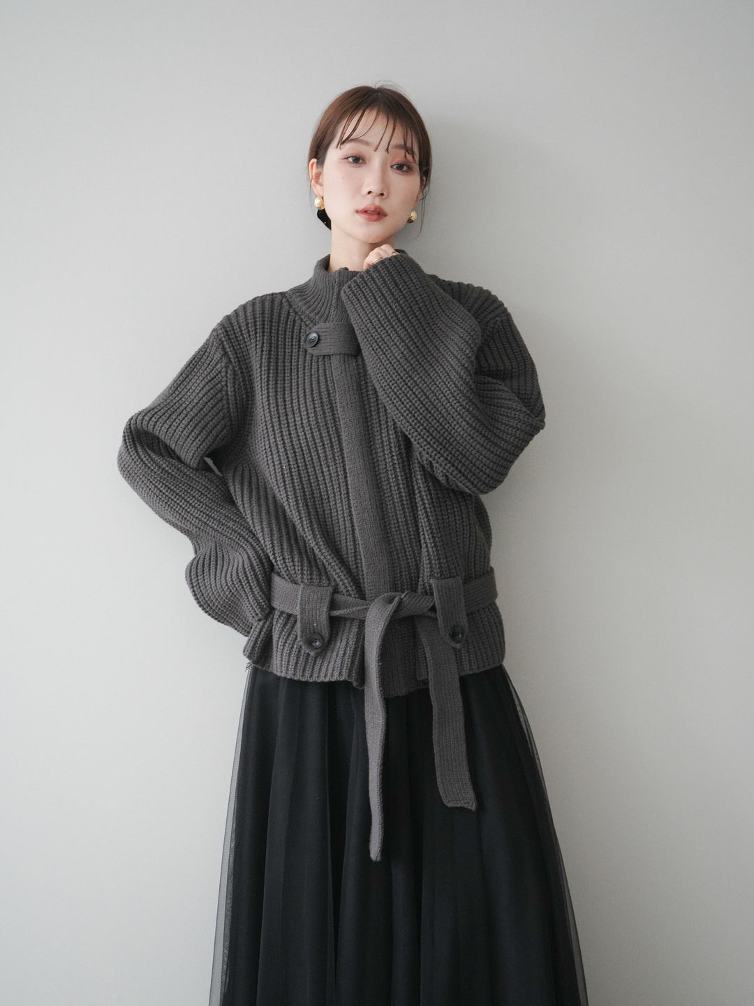 [SET]畦編みボトルネックZIPニットカーディガン+チュールボリュームスカート(2set)