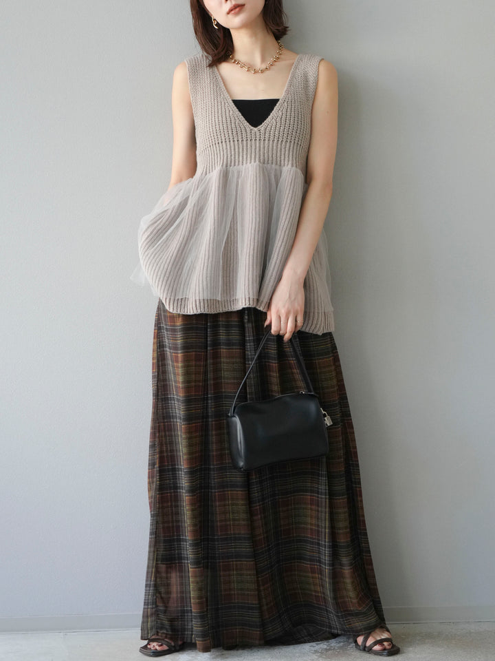 [予約]チュールレイヤードペプラムニットベスト/グレージュ