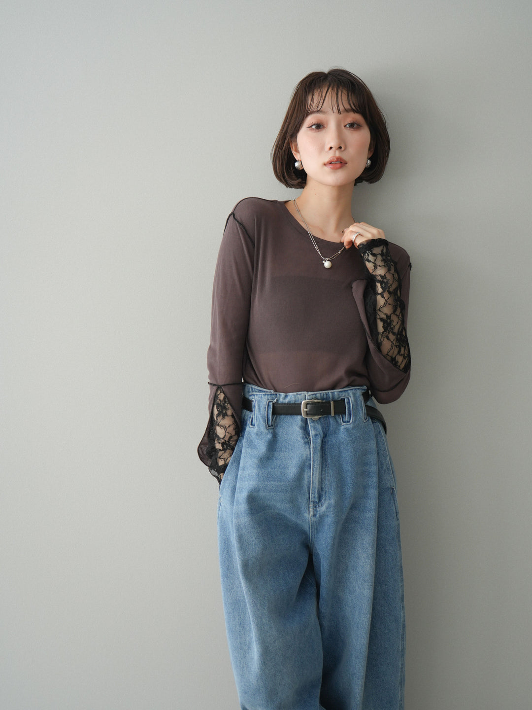 [予約]袖レースレイヤードデザインメロートップス/brown